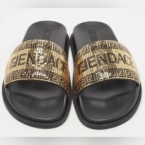 NEW Fendi X Versace Collab Gold Metal and Leather Slides